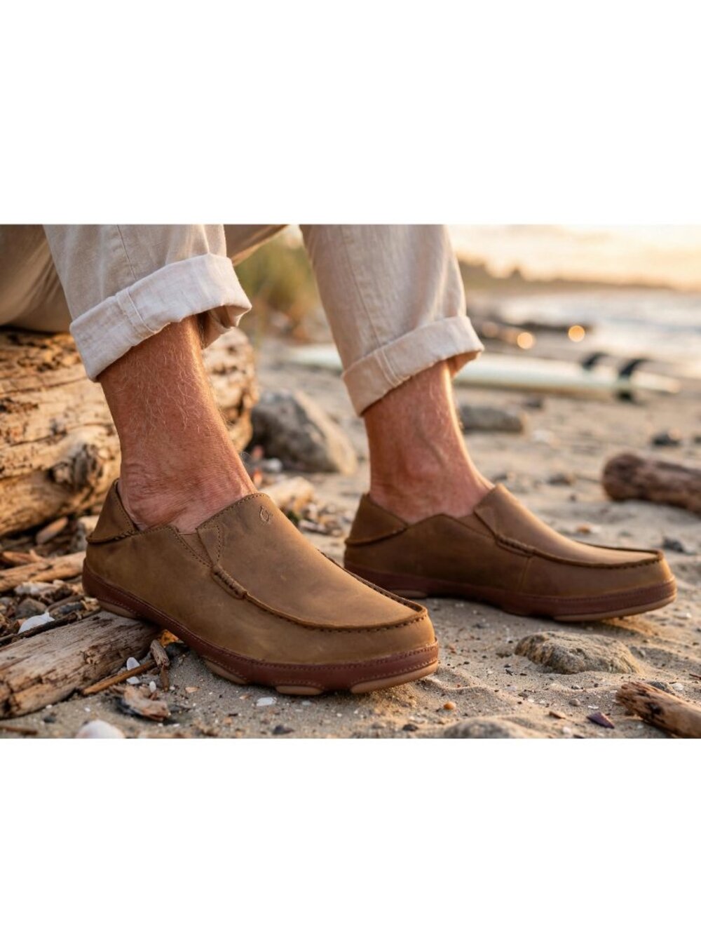 OluKai Moloa Men’s Antique Leather Loafers Shoes $140 in Ray / Toffee